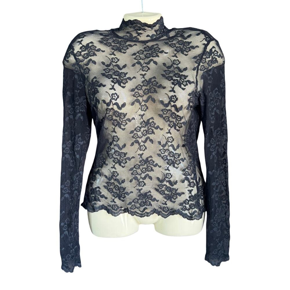 Express Black Lace Mock Neck Long Sleeve Top Floral Sheer Women’s Large